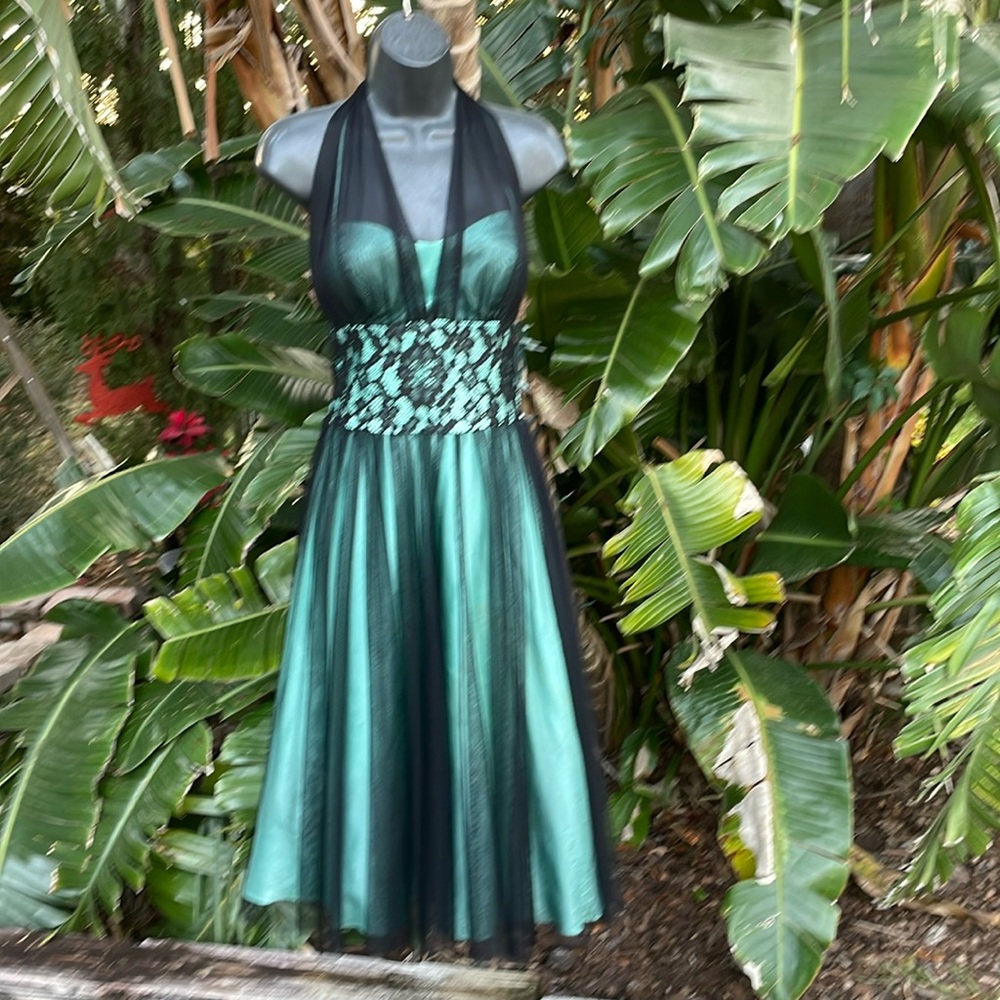 lace trim sheer over halter dress
